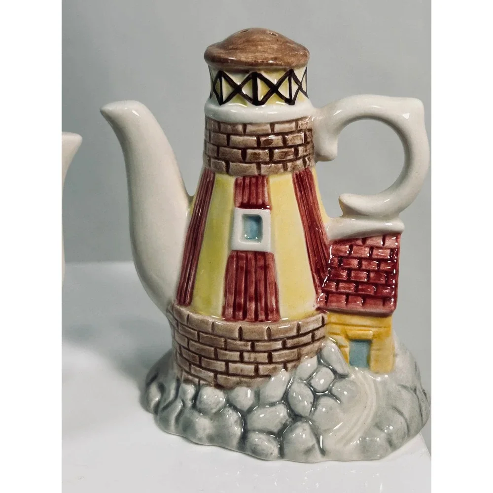 Fitz and Floyd Omnibus Lighthouse Teapot Salt and Pepper Shaker Set Vintage 1989